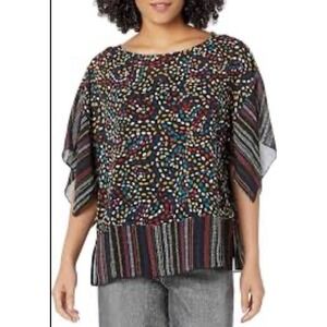 Multiples Womens XL Kaftan Top Multicolor Polka Dot Striped Flutter Sleeve top